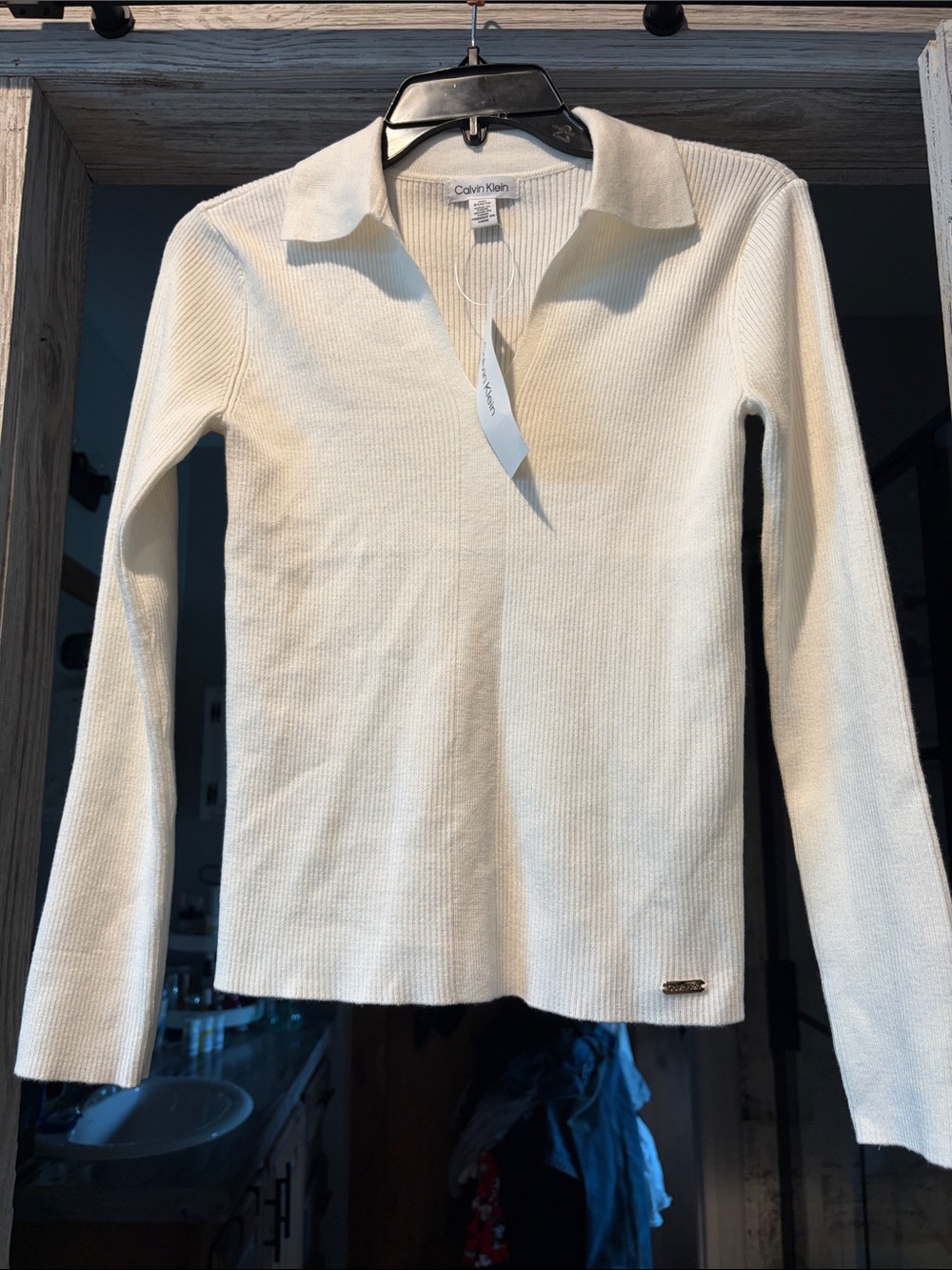 Calvin Klein Off-White Ribbed Long-Sleeve Polo Top
